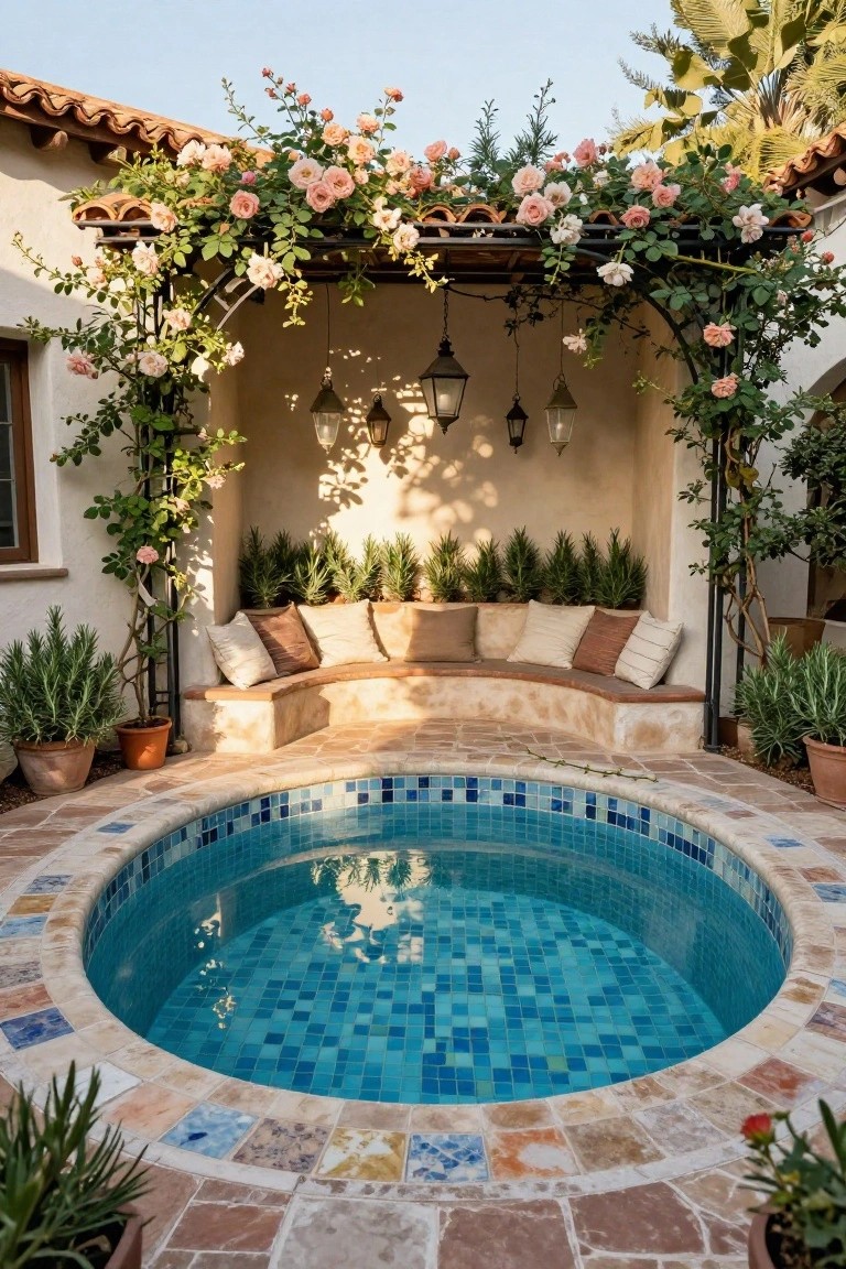 Circular turquoise mosaic-tiled hot tub edged in terracotta tiles with curved built-in beige bench seating and beige cushions under a black metal arch covered in pink climbing roses, hanging lanterns, stucco walls, and potted plants on a stone patio.