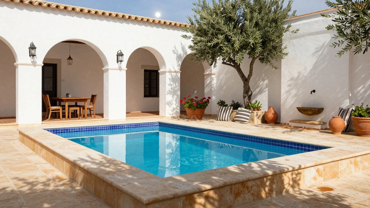 White courtyard with small rectangular blue-tiled pool, built-in cushioned benches, wooden table and stools, potted plants, olive tree, and arched doorways under terracotta roof tiles.