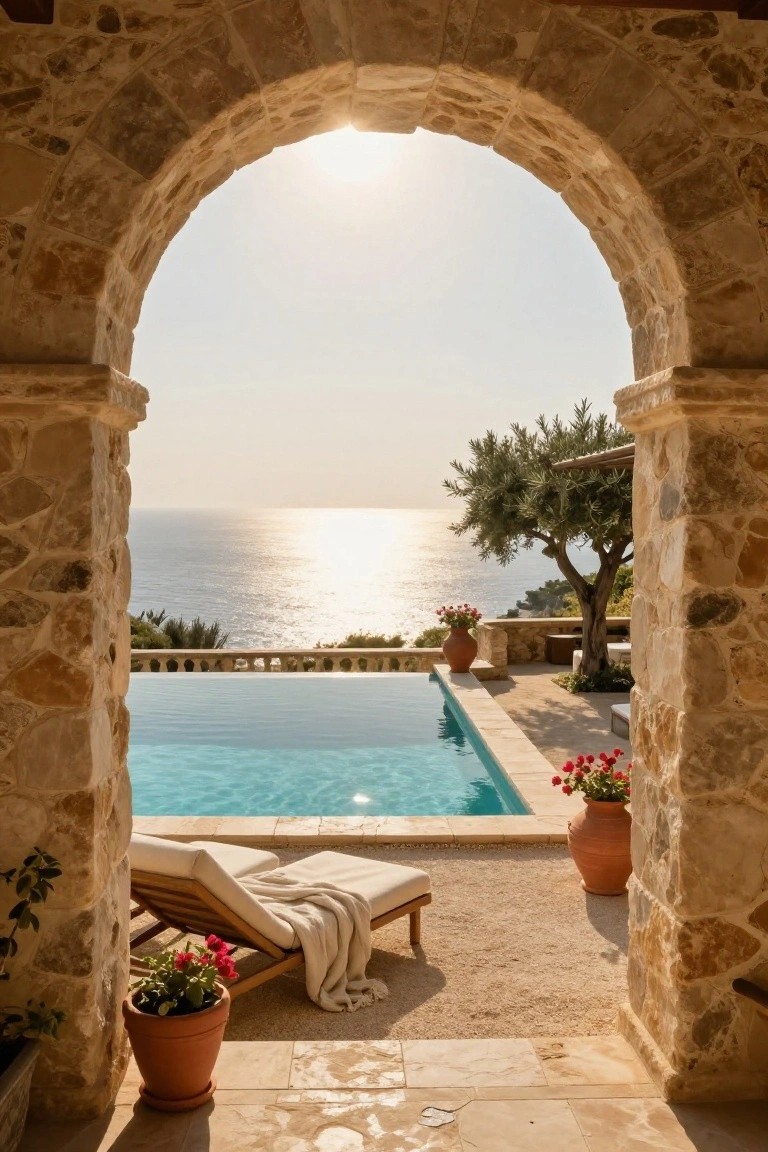 Stone arched doorway framing a turquoise infinity-edge pool on a terrace overlooking the ocean, with a teak lounger chair, potted plants, and an olive tree nearby.