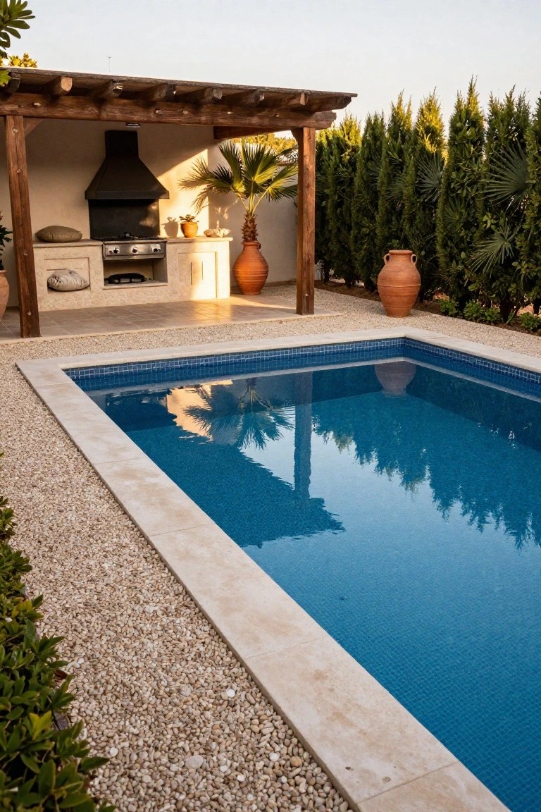 A rectangular pool with blue mosaic tiles and light stone coping surrounded by white pebbles, next to an outdoor kitchen under a wooden pergola with a black chimney, grill, and terracotta pots amid hedges and palms.