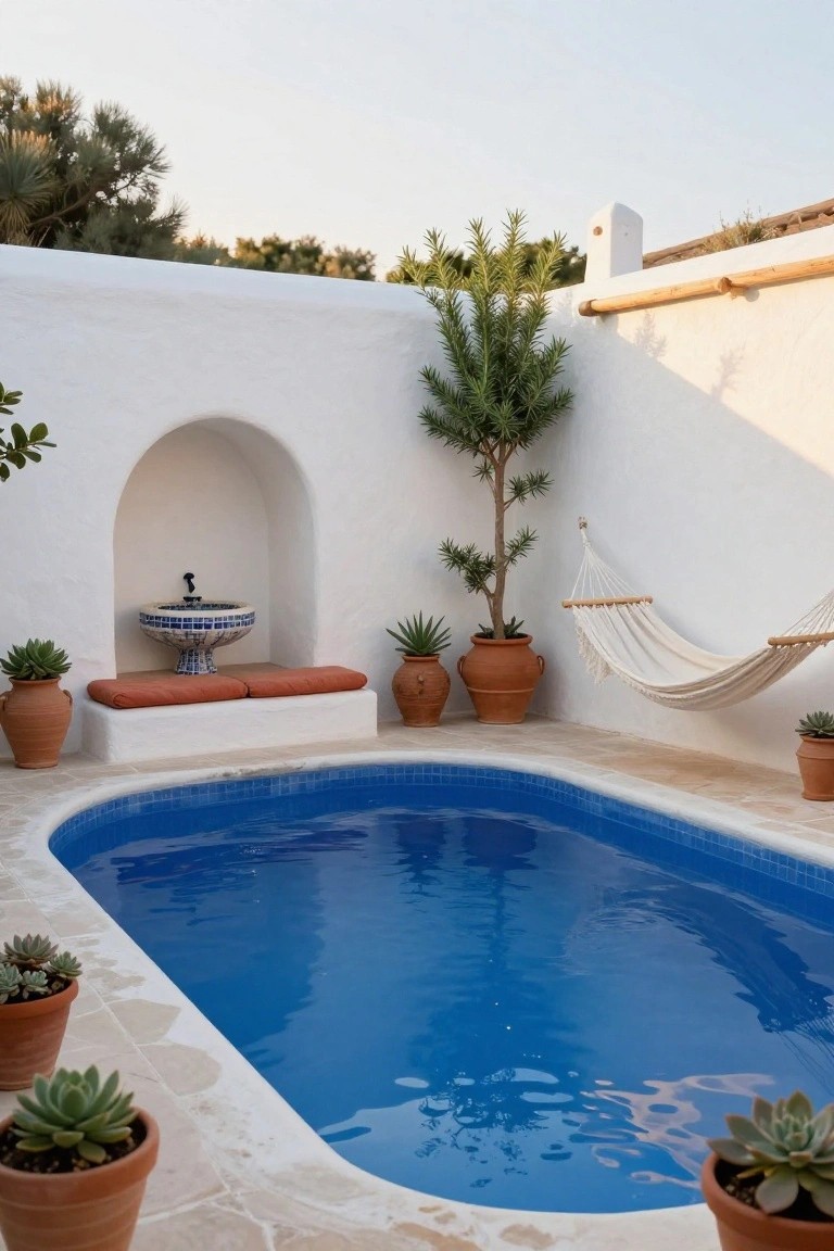 Small oval blue-tiled pool in a white-washed courtyard with arched niche containing blue-and-white tiled fountain basin, built-in white bench with orange cushions, white hammock hanging from wall, tall rosemary tree, and terracotta pots with succulents.