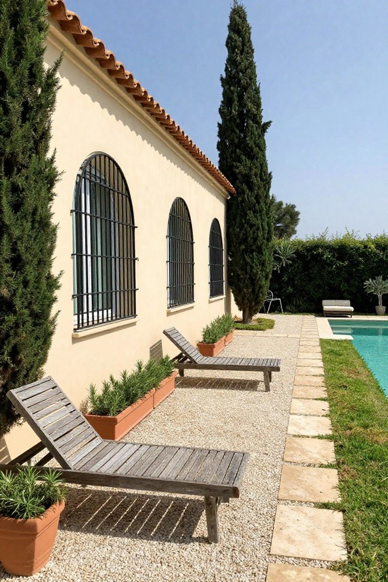 Light beige stucco house wall with terracotta tile roof and three arched windows with black iron grilles, next to a gravel terrace holding two weathered wooden chaise lounges, potted rosemary plants in terracotta pots, stone path edging, and a rectangular turquoise pool.
