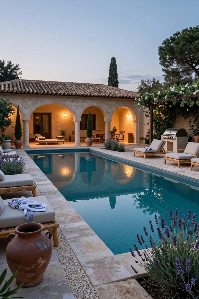 Stone-arched loggia of a Mediterranean-style home opening onto a rectangular turquoise pool with loungers, BBQ grill, terracotta pots, and lavender plants along the edge at dusk.