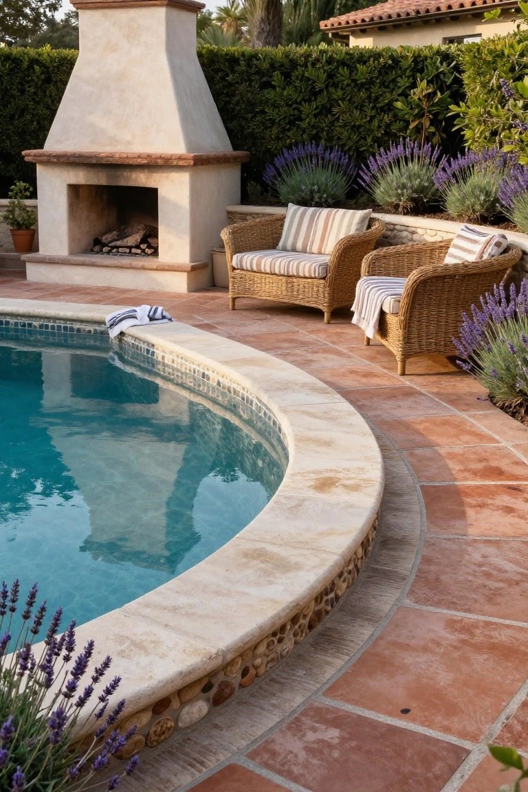 Stucco outdoor fireplace next to a curved turquoise pool with stone and tile edging, wicker chairs on terracotta pavers, lavender plants, and a hedge backdrop in a backyard.