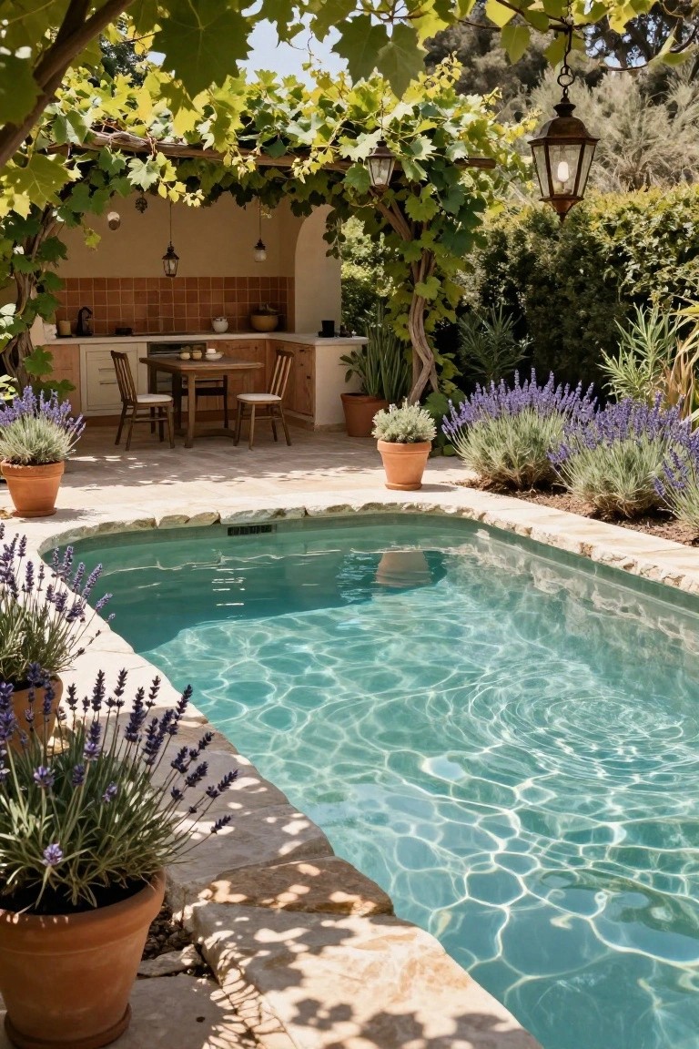 Small turquoise pool with stone edging and lavender plants along the edge, adjacent to an outdoor kitchen under a vine-covered pergola with wooden dining table, chairs, and terracotta counters.