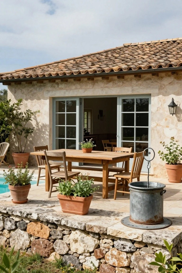 Wooden dining table and chairs on a stone terrace next to a swimming pool, surrounded by terracotta pots with plants, open French doors on a beige stone house wall, rustic metal bucket planter nearby.
