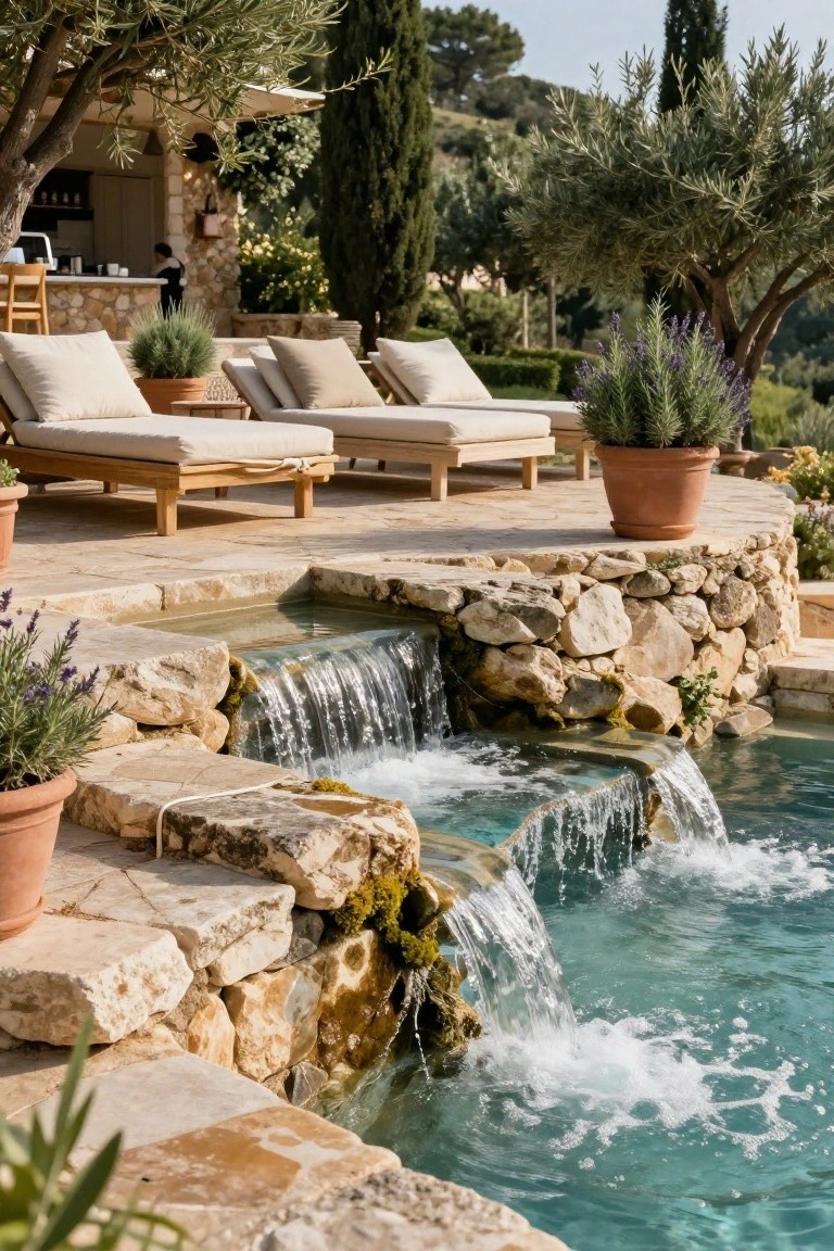 Stone terrace with wooden lounge chairs and potted plants overlooking a swimming pool fed by a multi-tiered rock waterfall, with an outdoor bar area, olive trees, lavender, and cypress trees in the background.