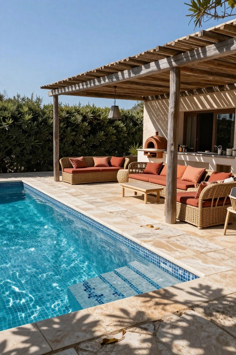 Wooden pergola with rough beams over rattan sofas with orange cushions on a stone poolside terrace next to a blue-tiled pool, with greenery hedges and a stone house wall in the background.