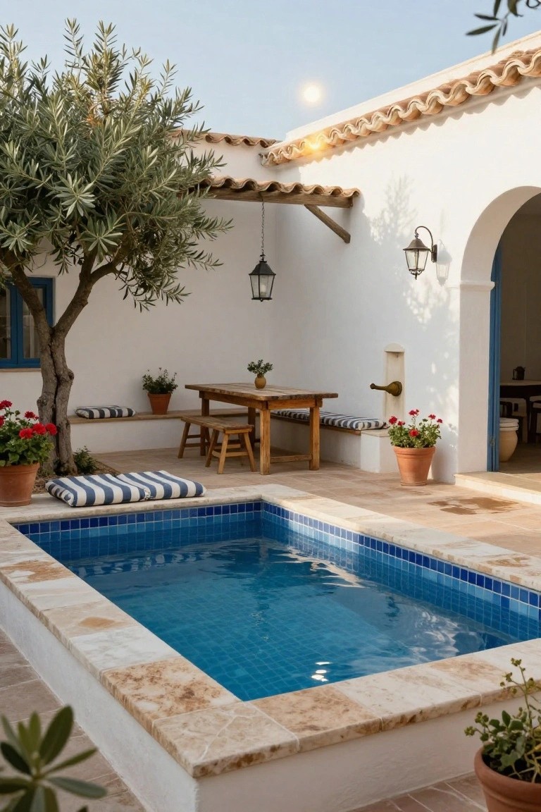 White courtyard with small rectangular blue-tiled pool, built-in cushioned benches, wooden table and stools, potted plants, olive tree, and arched doorways under terracotta roof tiles.