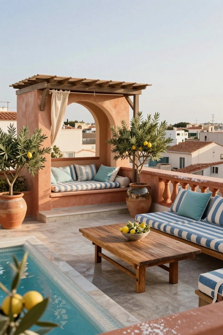 Rooftop terrace with arched pergola-covered alcove bench seating, blue and white striped cushions, potted olive trees in terracotta pots, wooden coffee table holding lemons, and adjacent small pool with tiled edging.