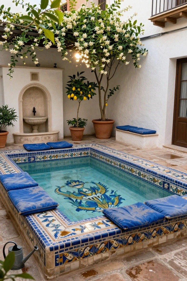 Small rectangular pool with turquoise water and blue-yellow mosaic tile design of fish and plants in a white stucco courtyard, blue cushions on the edges, potted lemon trees, fountain, and jasmine vines overhead.