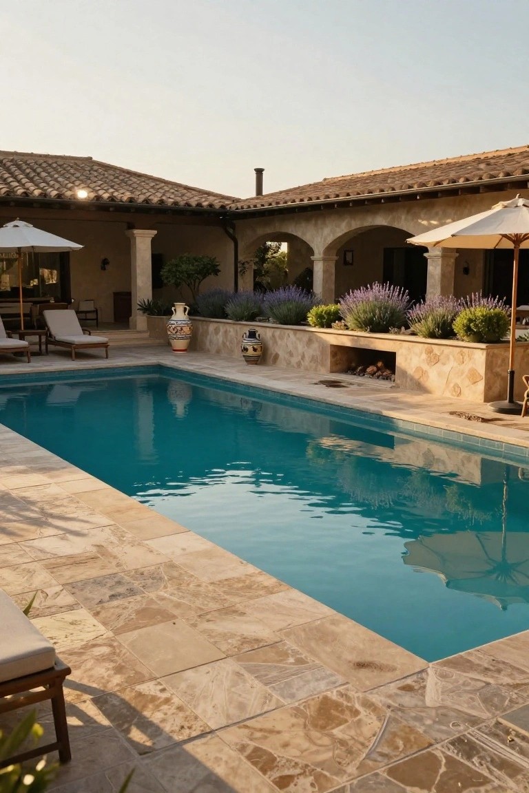 Rectangular turquoise pool with surrounding beige travertine stone deck and patio, stucco arched architecture, lavender plants in raised beds, large terracotta pots, lounge chairs with umbrellas, and built-in stone fire pit.