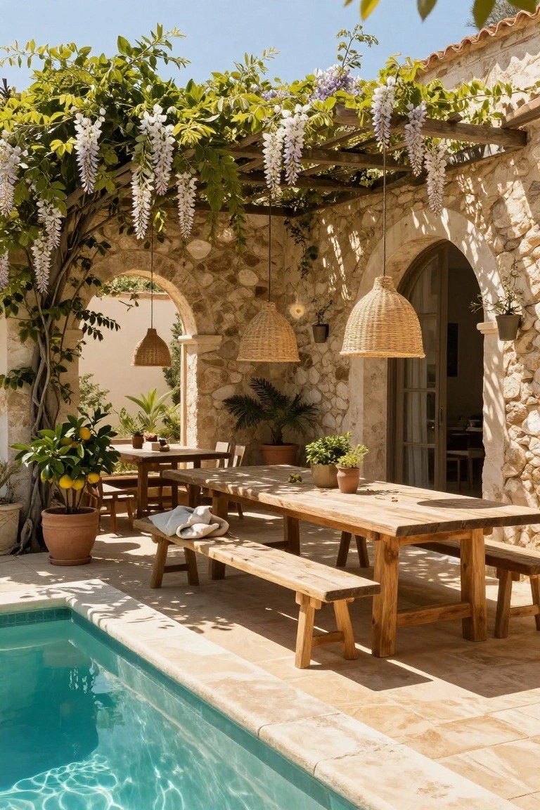 Stone courtyard patio with wooden table, pool, and hanging wisteria.