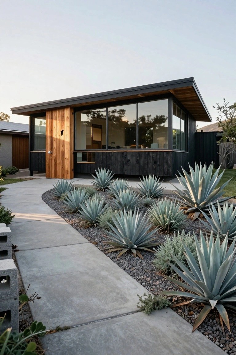 Exterior view of a modern single-story house with black vertical wood siding, tall light wood entry door, large corner glass window wall, concrete curved pathway, and clustered blue agave plants with gravel mulch.