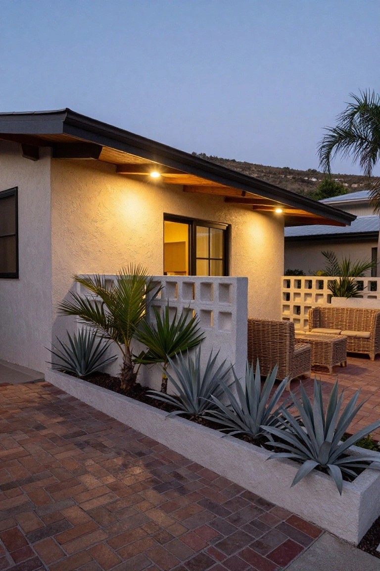 White stucco house exterior with a patio featuring decorative concrete block privacy screens, wicker lounge chairs and table on brick pavers, agave plants in a raised bed, and palm trees at dusk.