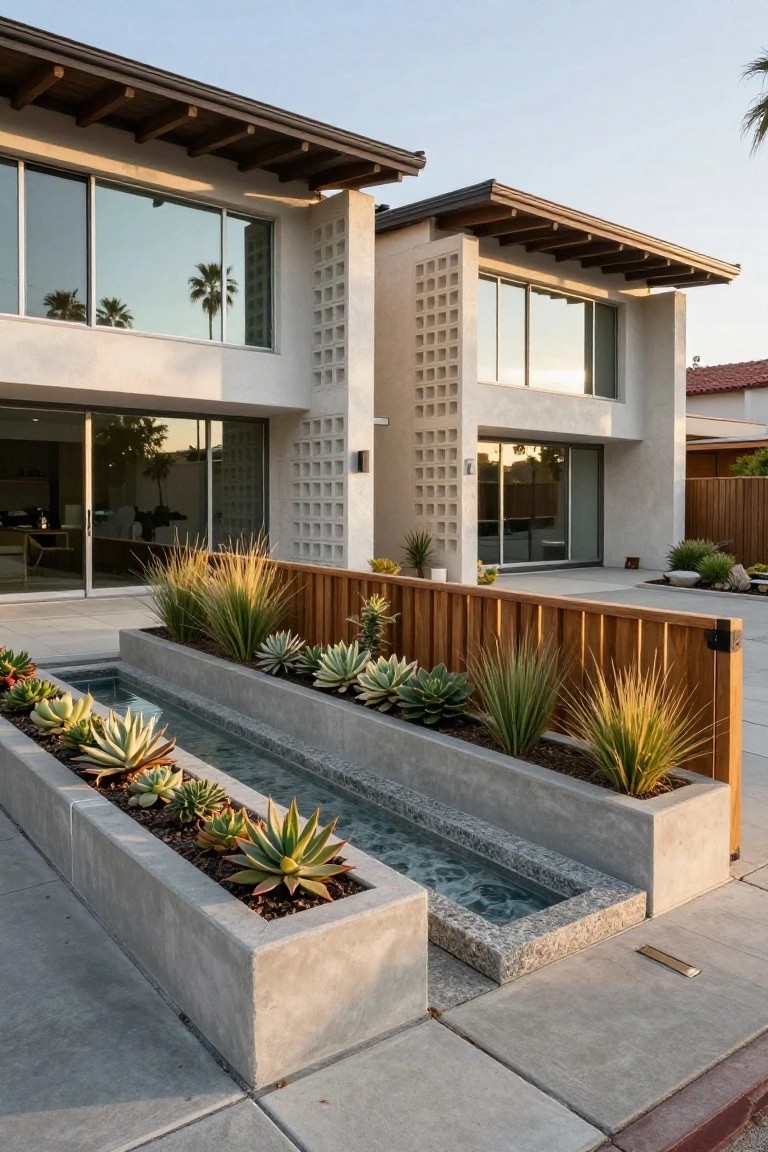 Exterior of a mid-century modern house with white stucco walls featuring tall concrete block screens, large glass sliding doors and windows, wooden roof overhangs, and a concrete-paved area with linear planters of succulents and grasses around a shallow water channel, next to a wooden fence.