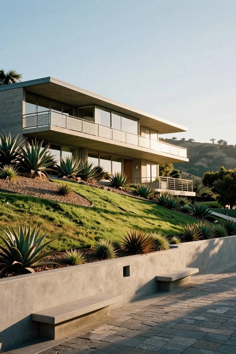 Two-story modern concrete house with cantilevered upper balcony, large glass windows, and entry door on a grassy hillside landscaped with agave plants, concrete retaining wall, bench, and stone path.