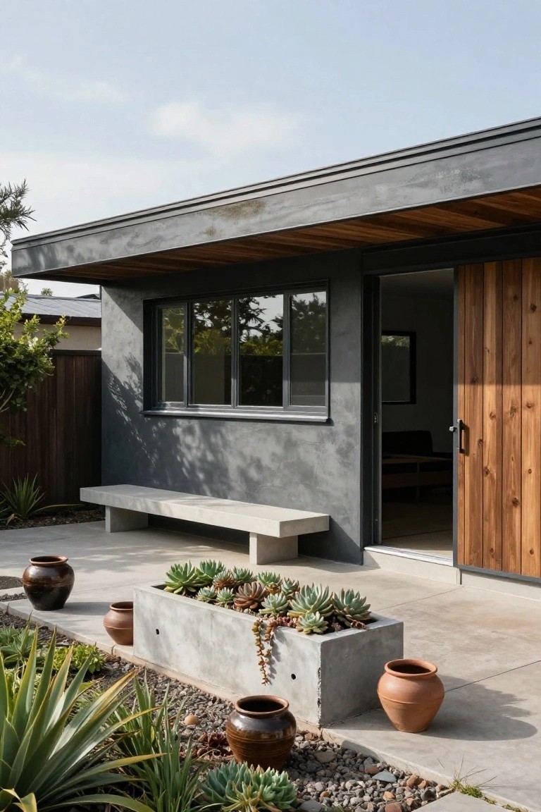 Modern house exterior with textured gray stucco wall, black-framed window, open slatted wooden door, concrete bench, concrete succulent planter, terracotta pots, agave plants, and pebble ground on a paved terrace.