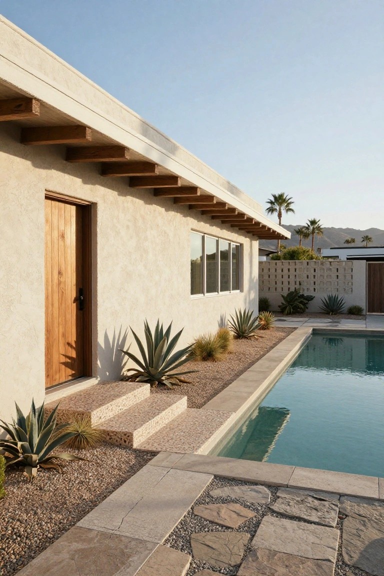 Beige stucco mid-century modern house exterior with exposed wooden beams under the roof overhang, wooden entry door, horizontal windows, desert landscaping including agave plants and gravel, stone steps, and edge of a turquoise pool.