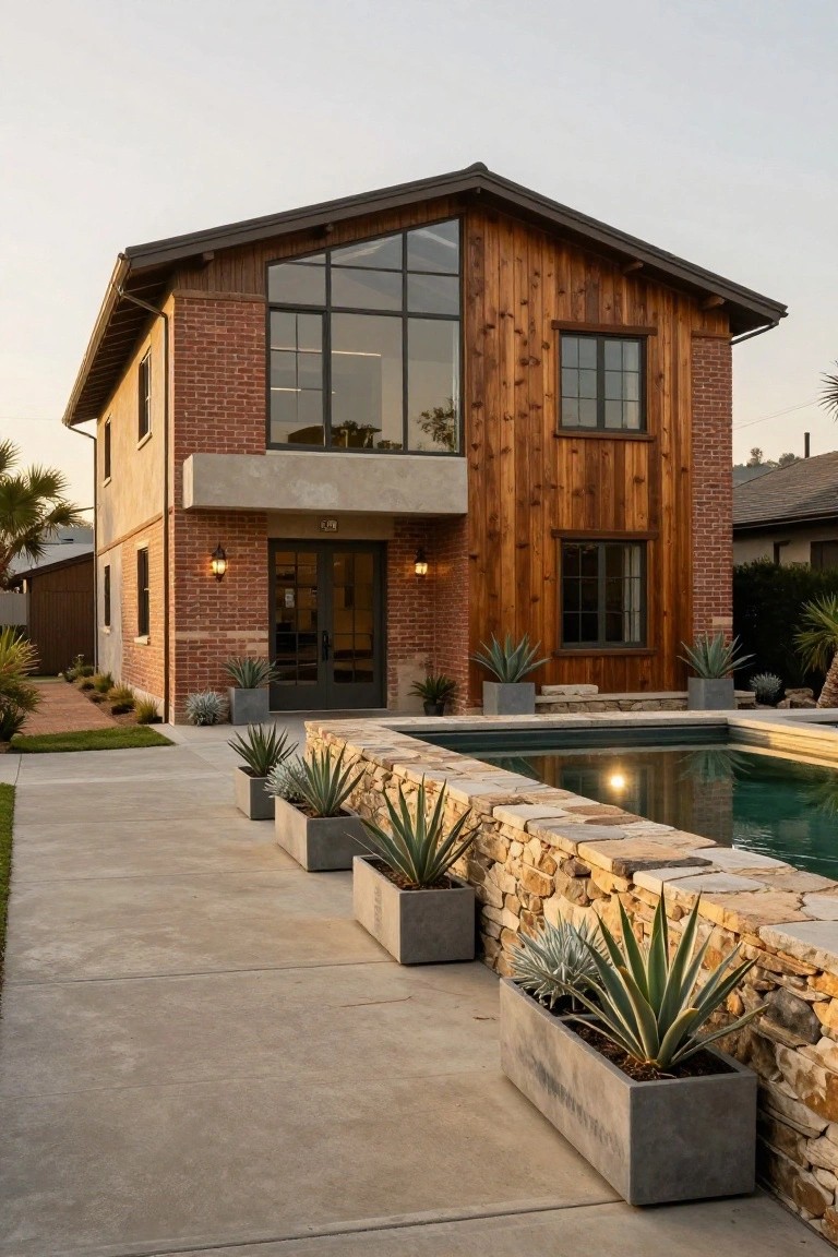 Two-story house exterior with vertical wood siding on upper walls, brick on lower sections, large glass window, dark front doors flanked by lanterns, and infinity-edge pool with agave plants in concrete planters along a stone wall.