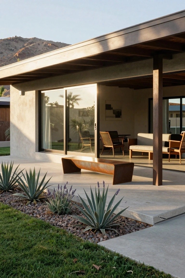 Concrete patio outside a modern stucco house with a low corten steel bench, agave plants and lavender in gravel beds, open sliding glass doors showing indoor chairs and sofa, wooden beam pergola overhead, distant mountains.