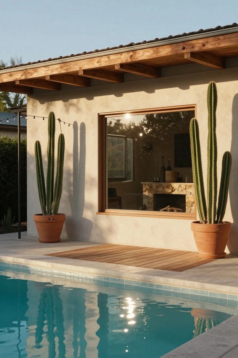 Beige stucco house exterior wall with exposed wooden beams and a large wood-framed window flanked by two tall spiny cacti in large terracotta pots, adjacent to a wooden deck platform and turquoise tiled pool.