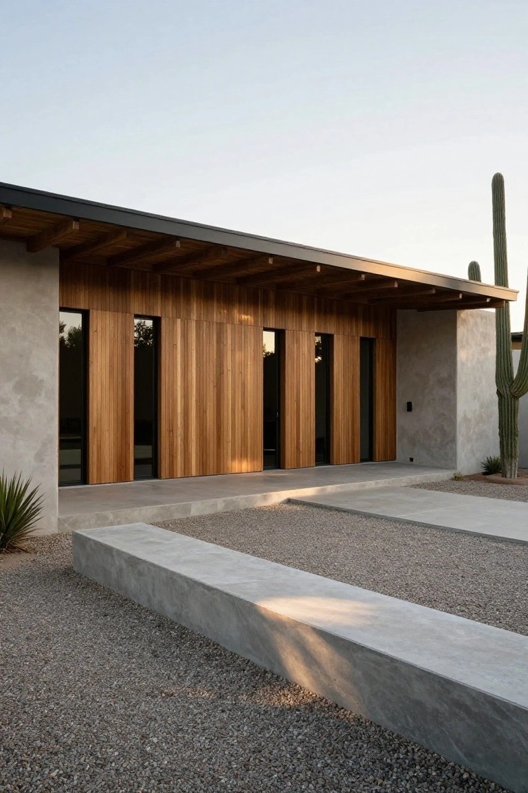 Modern house exterior with vertical warm-toned wood cladding on the entry facade section, pale stucco side walls, black-framed windows and doors, exposed wood beam overhang, concrete entry steps and bench, gravel groundcover, and desert plants including a tall saguaro cactus.