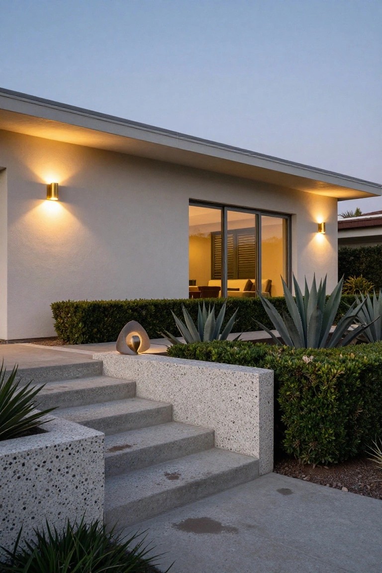 White stucco mid-century modern house facade at dusk with flat overhanging roof, sliding glass doors with shutters, brass wall sconces lit warmly, exposed aggregate concrete steps and walls leading to entry, flanked by boxwood hedges and agave plants, plus a sculptural garden light.