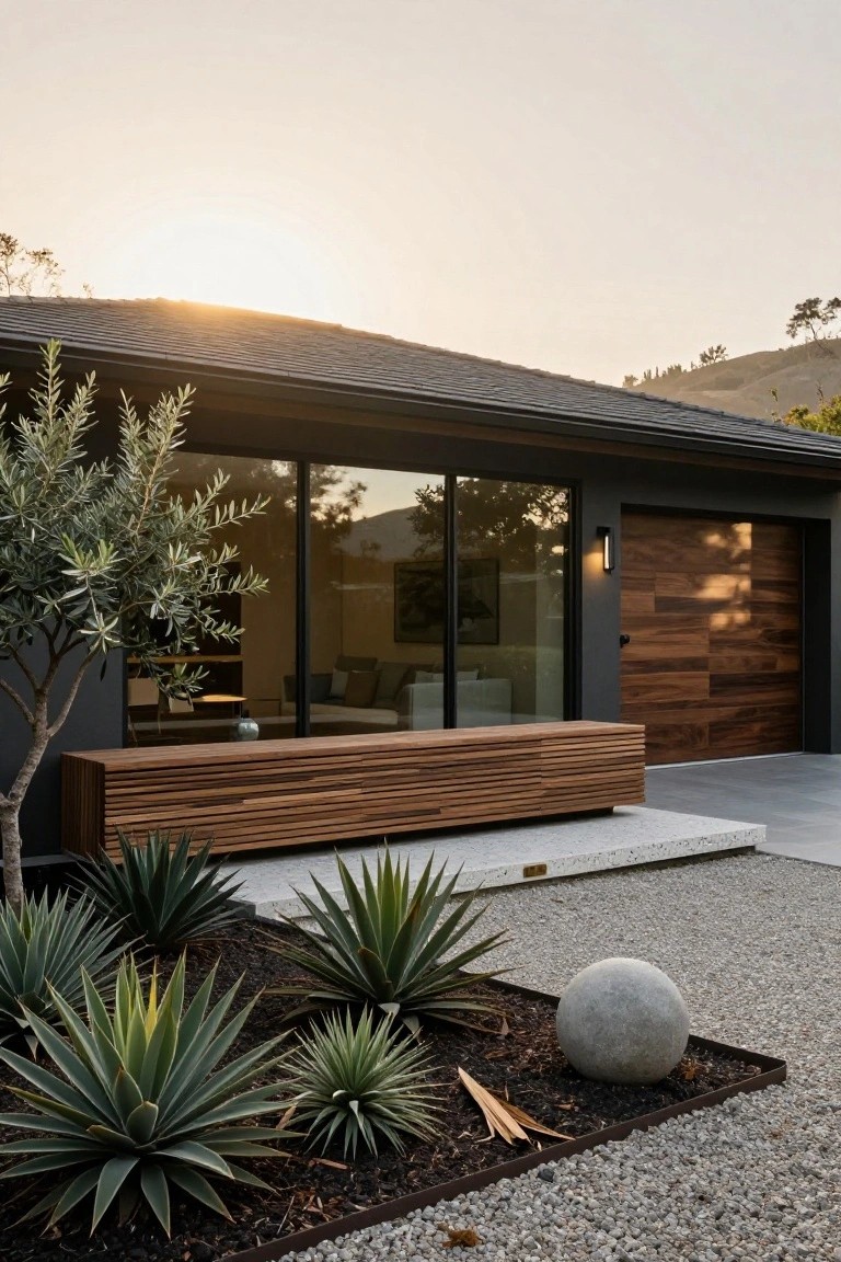 Modern mid-century house exterior at sunset with dark roof and siding, horizontal wood slat garage door, matching slat bench on concrete plinth, large glass windows, olive tree, agave plants in gravel bed edged in metal, and large stone sphere nearby.