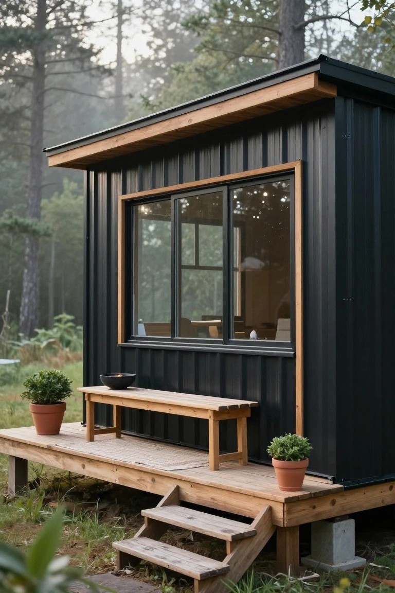 Small black corrugated metal prefab cabin elevated on a wooden deck with bench, potted plants, steps, and large window in a misty forest setting.