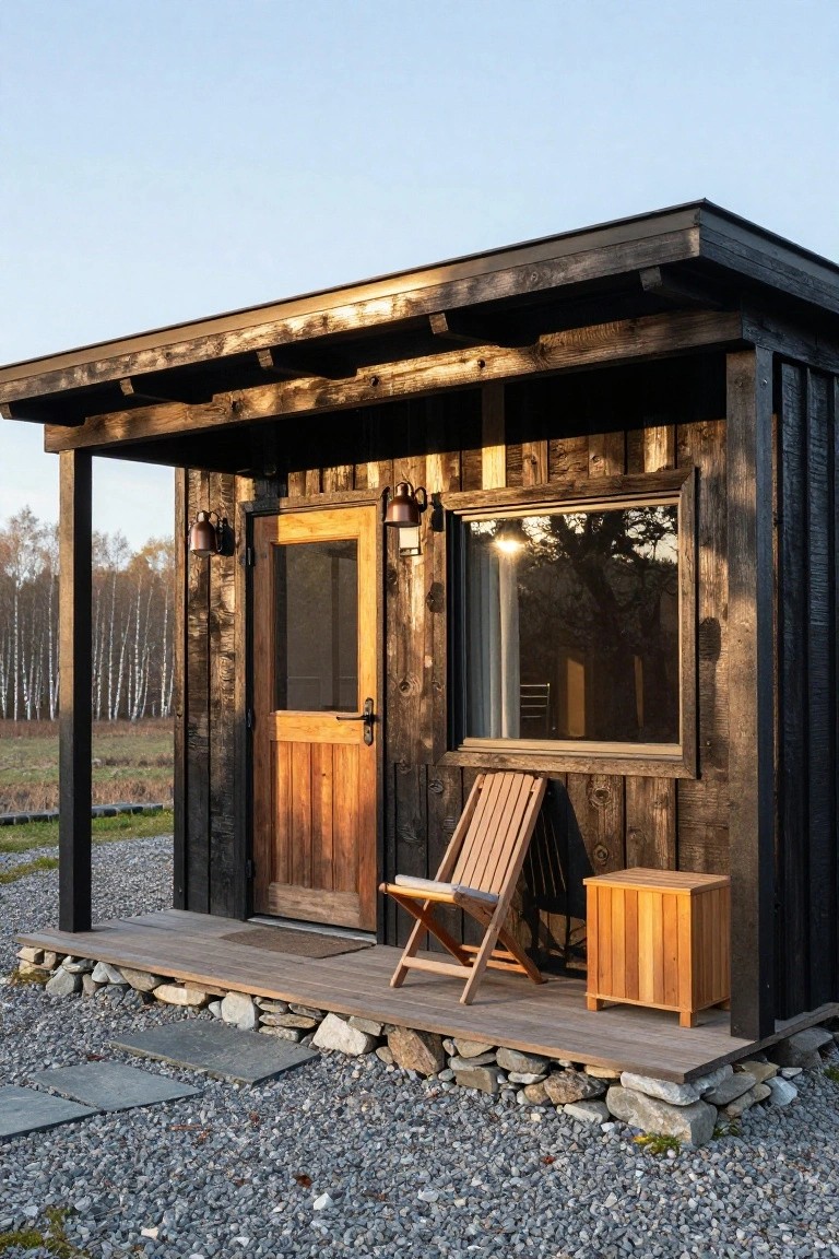 Small rectangular cabin with black-stained vertical wood siding, covered wooden porch, yellow wood door and window frame, outdoor lanterns, folding chair, and side table on gravel surrounded by rocks and birch trees in autumn.