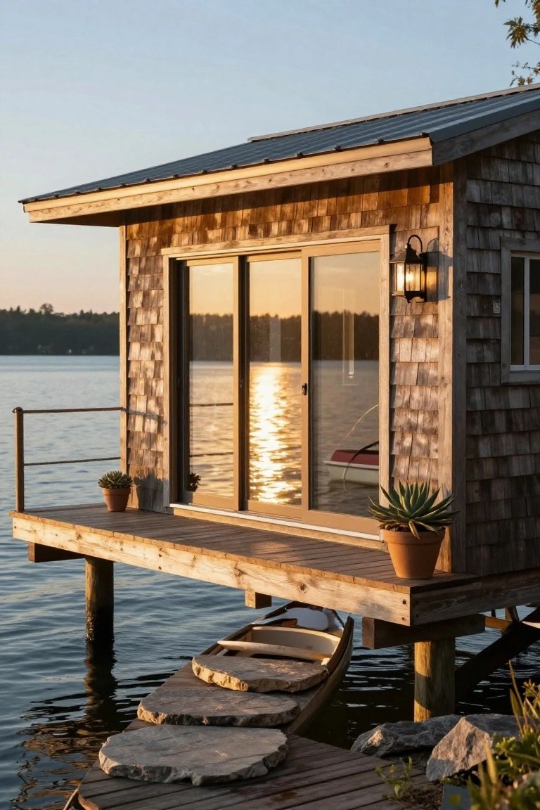 Small wooden shingle cabin elevated on pilings over a lake, featuring sliding glass doors facing the water, a wooden deck with potted plants, a lantern light, and irregular stone steps leading into the water.
