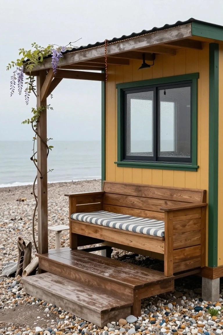 Small yellow wooden cabin with green trim and corrugated roof on a pebbly beach, featuring a built-in wooden bench with striped cushion under a vine-covered overhang, wooden steps, and the sea visible nearby.