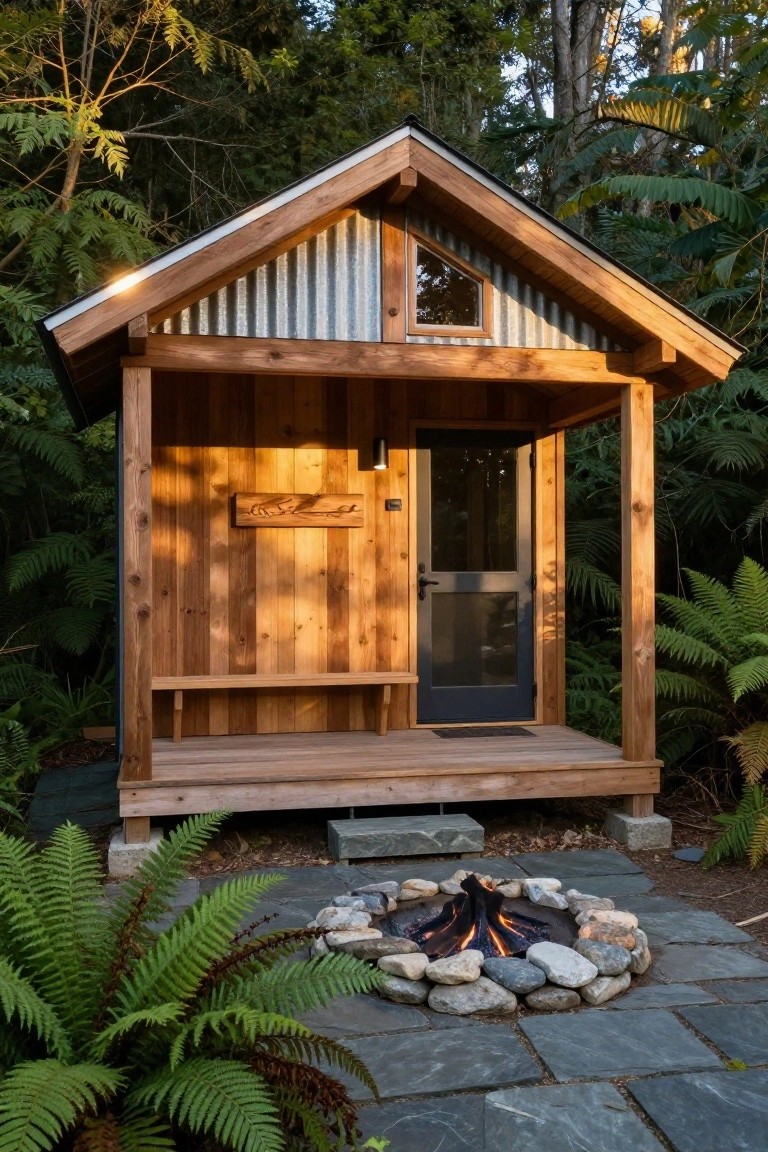 Small gabled prefab cabin with vertical cedar siding, corrugated metal roof, covered front porch featuring a wooden bench and dark door labeled sauna, set amid ferns and trees with a stone-ringed fire pit on slate pavers in front.