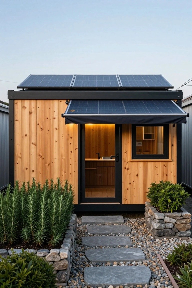 Small prefab cabin with vertical cedar wood siding on a black metal frame, solar panels on the flat roof and retractable awning, glass door and window, gravel garden beds with rosemary plants and stepping stone path.