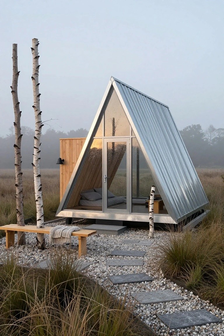 Small A-frame cabin with corrugated silver metal roof and gables, full-height glass front wall and door, wood rear wall, flanked by birch poles, wooden bench with blanket, stone path, amid grasses and birch trees in foggy morning light.