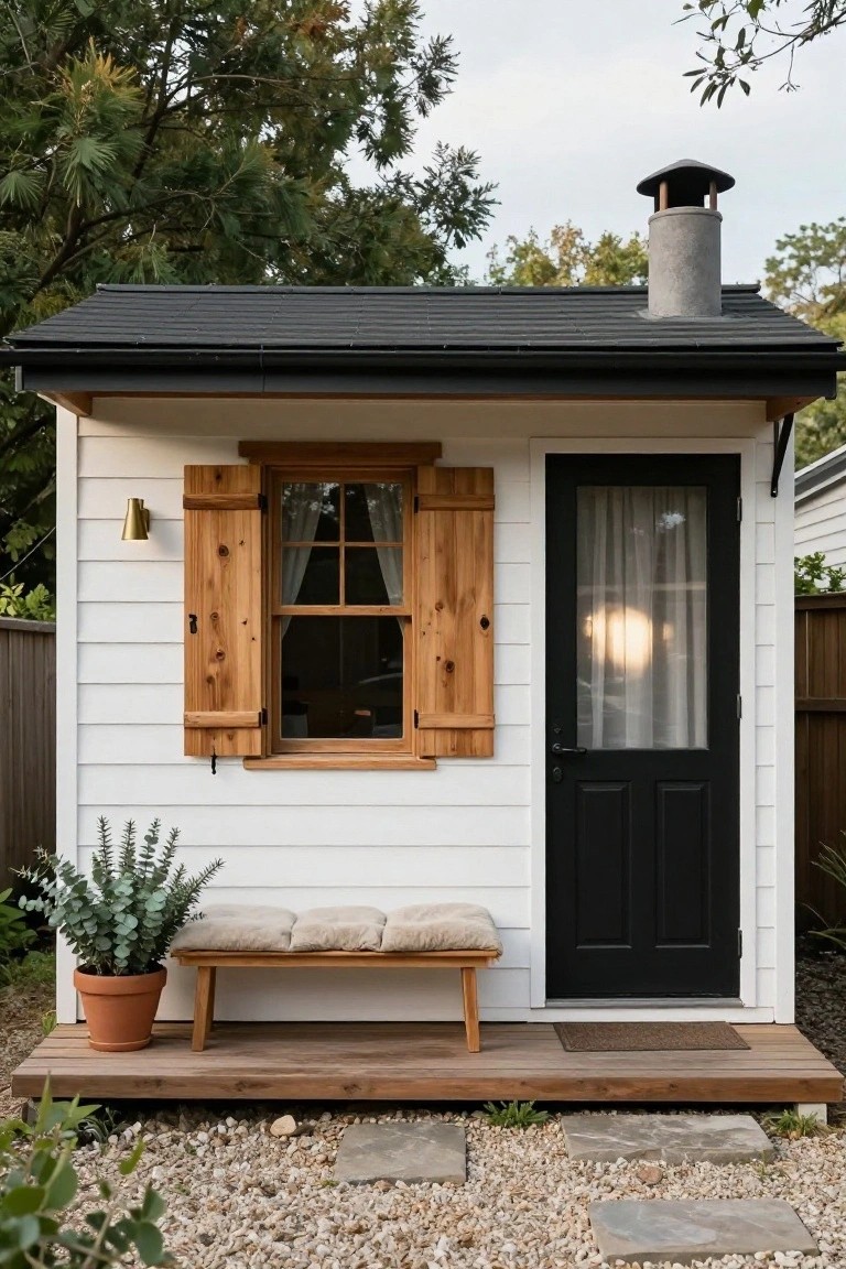 Small white clapboard cabin exterior with black gabled roof, black front door, wooden shutters on window, small wooden porch with cushioned bench and potted eucalyptus plant beside it, gravel yard with stone pavers.
