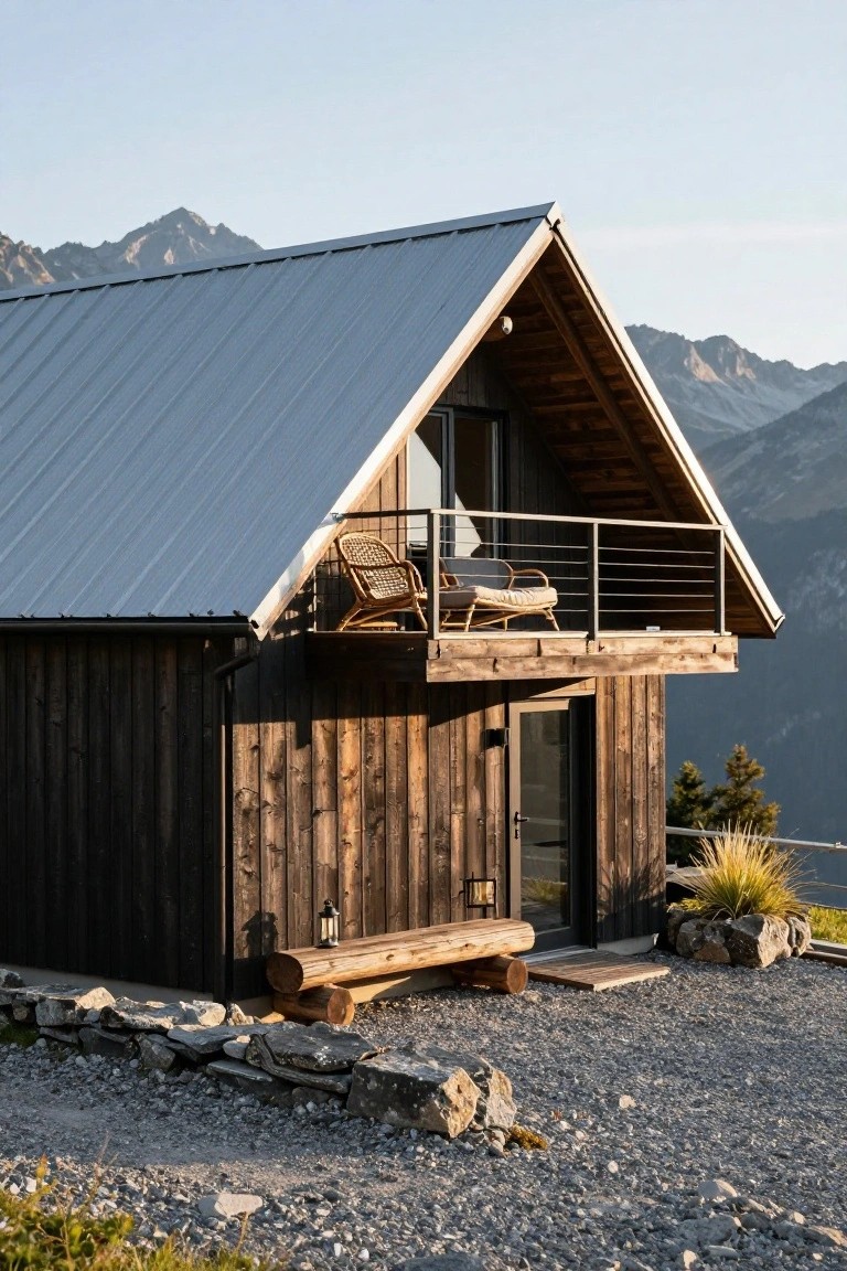 Small wooden cabin with dark vertical plank siding, steep blue-gray metal roof, second-story balcony with rattan chair and cushion, glass door entry flanked by log benches and lantern, stone base, grasses and rocks in front, mountains in background at sunset.