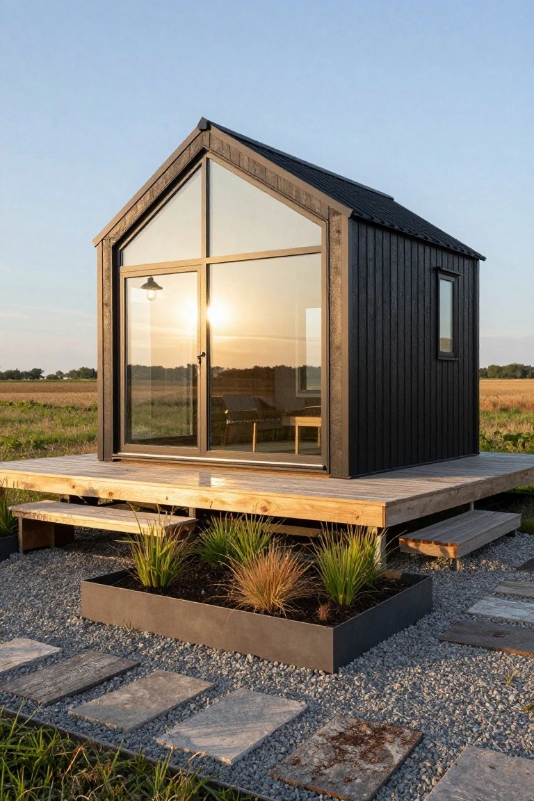 Small gabled cabin with black vertical wood cladding, large glass sliding door and window on the front, elevated on a wooden deck with steps, gravel ground, metal planter with grasses, and stone path slabs in a rural field at sunset.