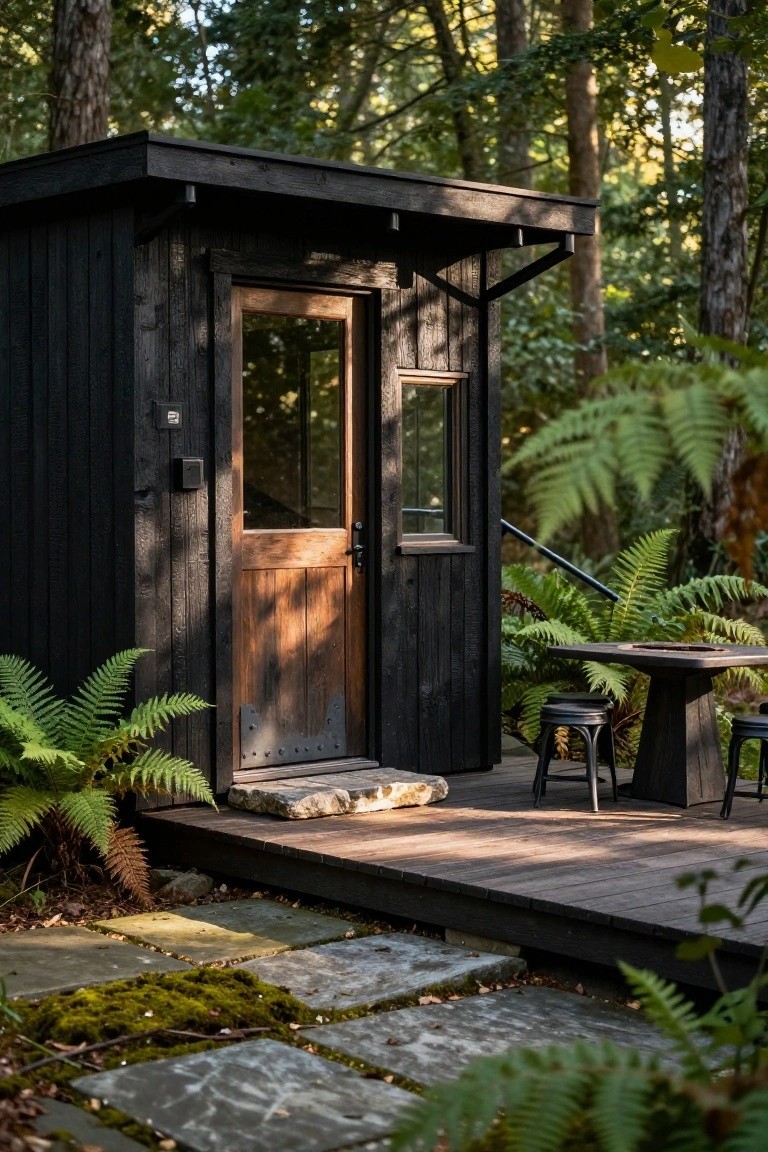 Small black wooden cabin with glass window and wooden door on a deck with table and stools, surrounded by ferns, mossy stone path, and dense forest.