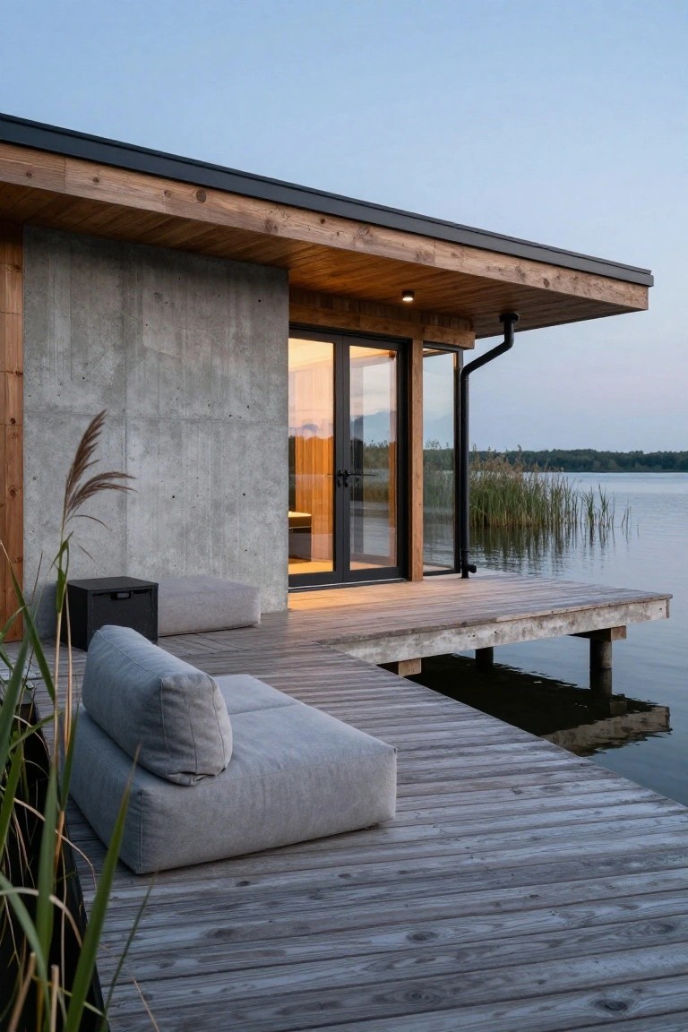 Modern cabin exterior on a wooden dock extending over a lake, with gray concrete wall, black-framed glass sliding doors, gray modular sofa and footstool on the deck, and reeds nearby at dusk.