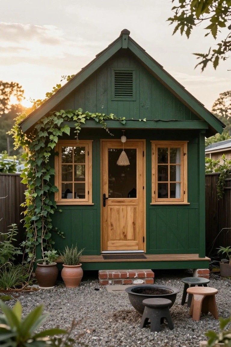 Small dark green wooden cabin with gabled roof, ivy climbing one side, double-pane windows, wooden front door with hanging light, surrounded by potted plants, stools, and a fire pit on gravel ground near a fence.