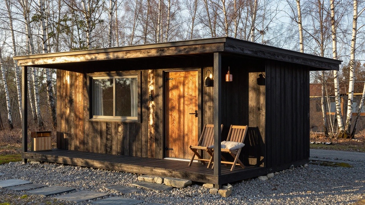 Small rectangular cabin with black-stained vertical wood siding, covered wooden porch, yellow wood door and window frame, outdoor lanterns, folding chair, and side table on gravel surrounded by rocks and birch trees in autumn.