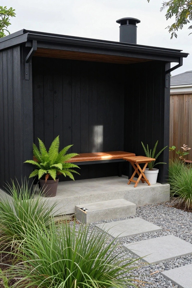 Black wooden open-sided pavilion structure with a wooden bench inside, potted ferns on either side, small folding table nearby, concrete steps leading up, grasses and gravel path surrounding it in a backyard garden.