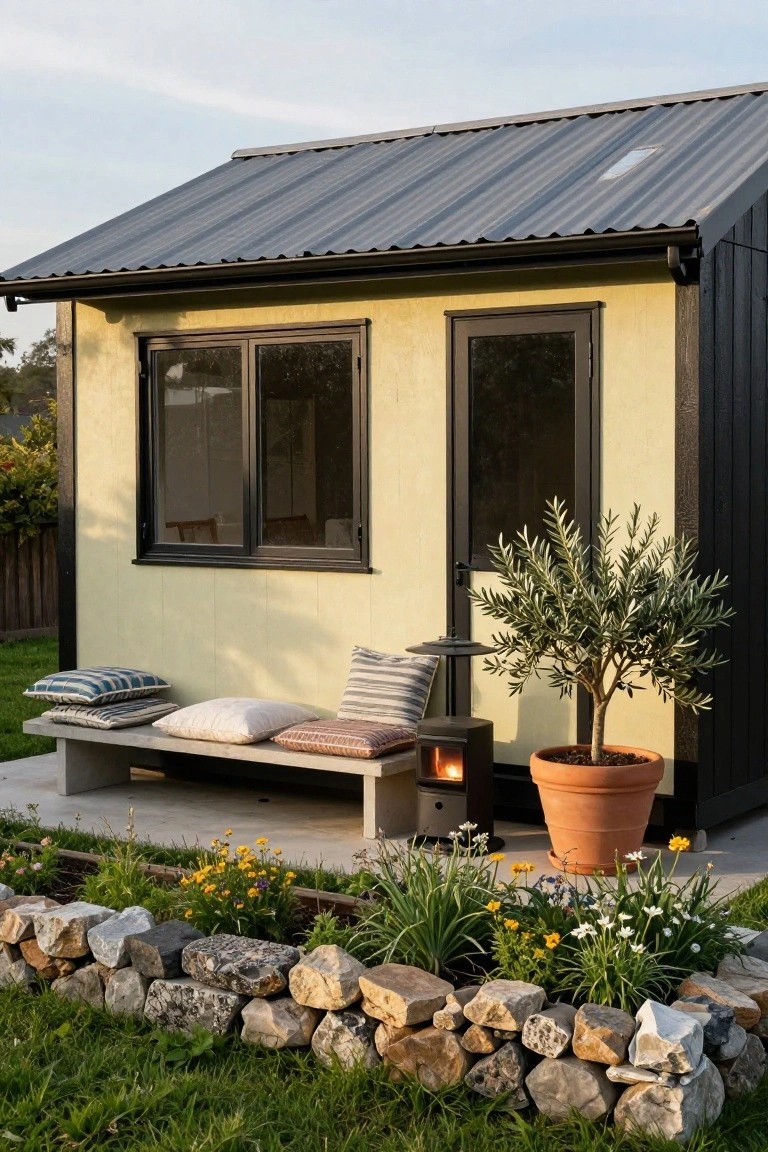 Small prefab cabin with pale yellow walls, black window and door frames, dark corrugated metal roof, concrete bench with cushions and pillows next to a small outdoor stove, potted olive tree, and stone-edged flower beds on grass.
