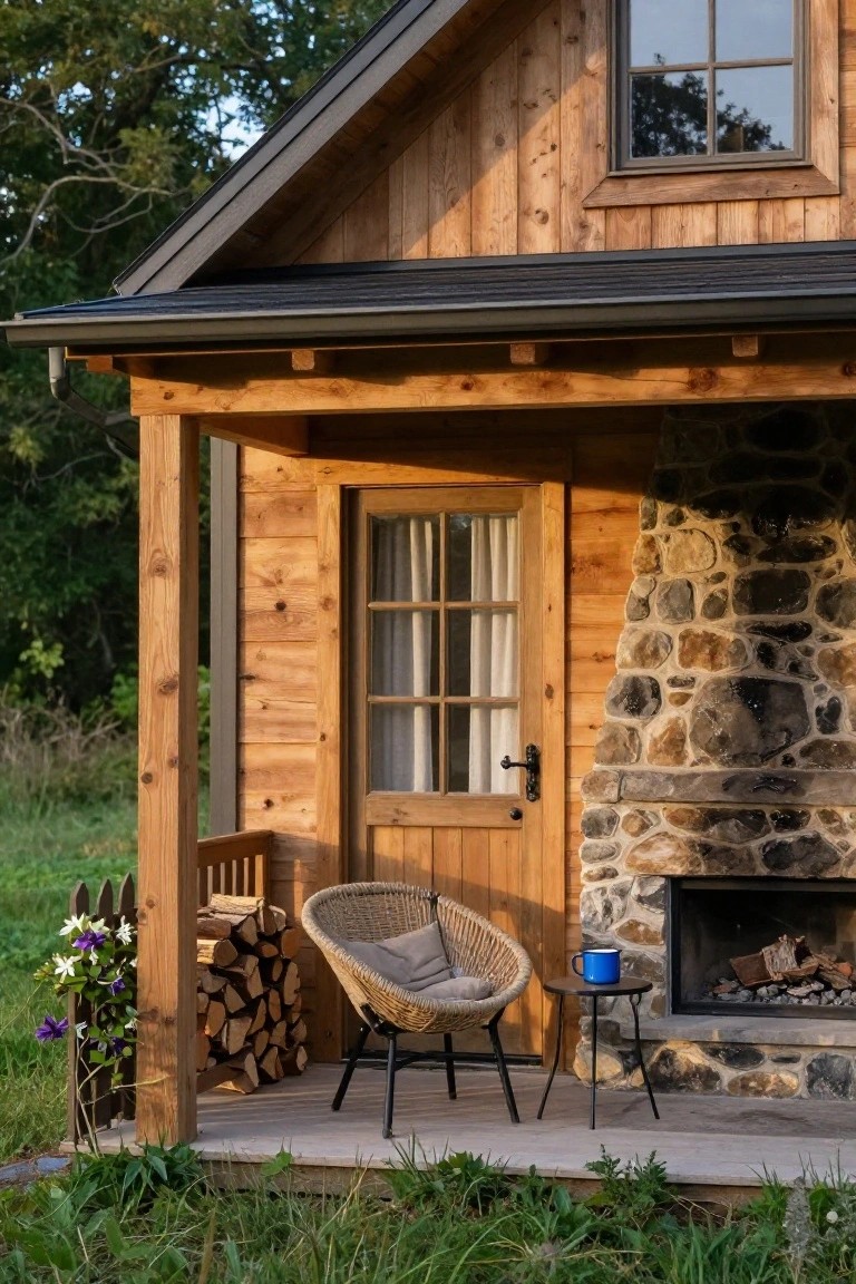 Wooden cabin porch with stone outdoor fireplace chimney, wicker armchair, small metal side table holding a blue mug, firewood stack, potted flowers, and surrounding grass and trees.