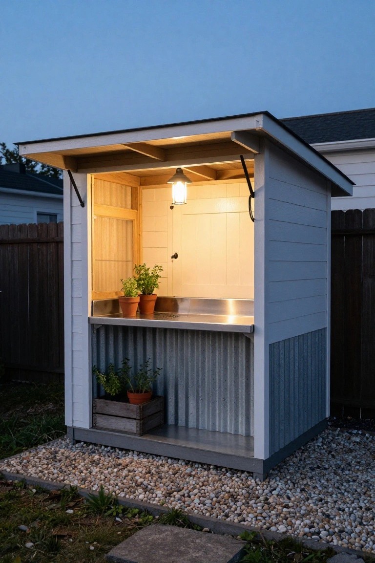 Small open-front wooden shed in a backyard with stainless steel counter, herb pots on the counter and sink area, hanging lantern light, corrugated metal lower panels, gravel ground, and wooden fence nearby.