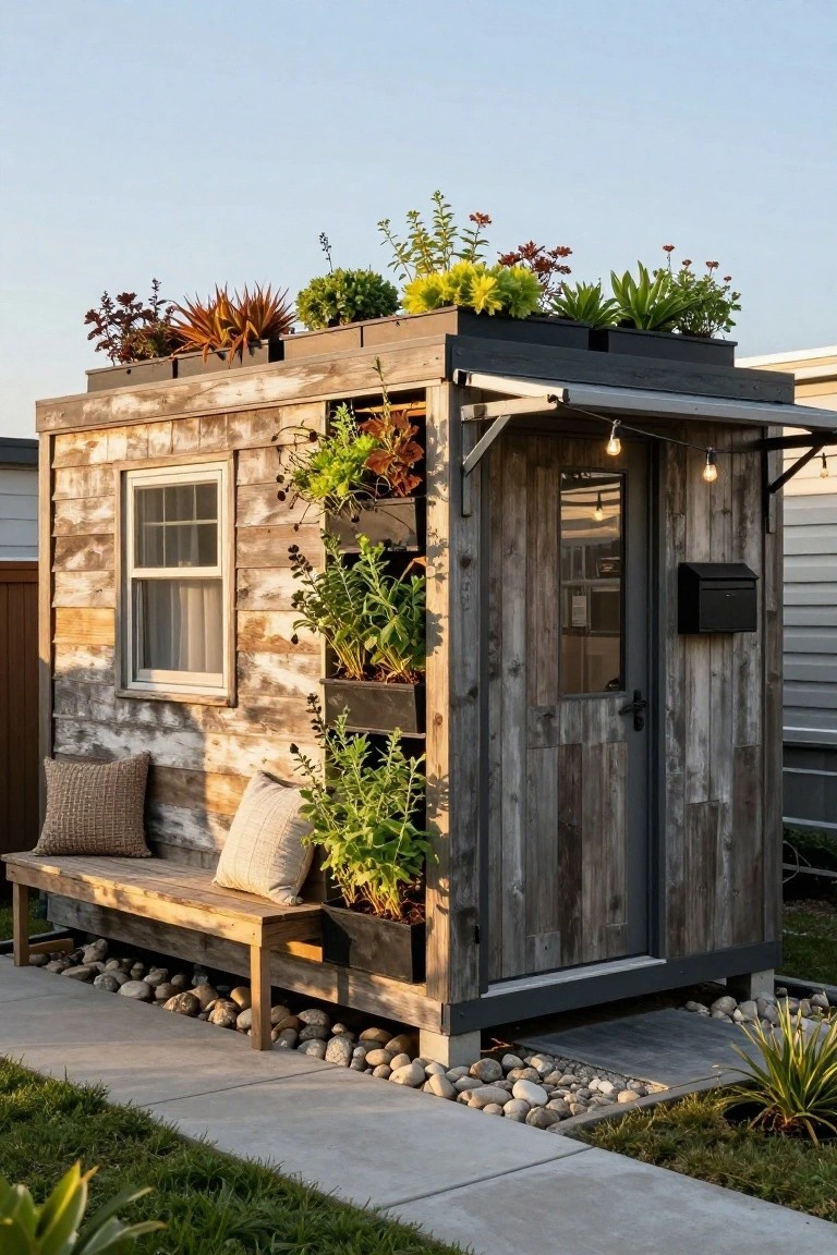 Small square wooden cabin with weathered siding, rooftop and wall-mounted black planters filled with various green and red plants, string lights over the dark door, cushions on a bench, and gravel path in front.