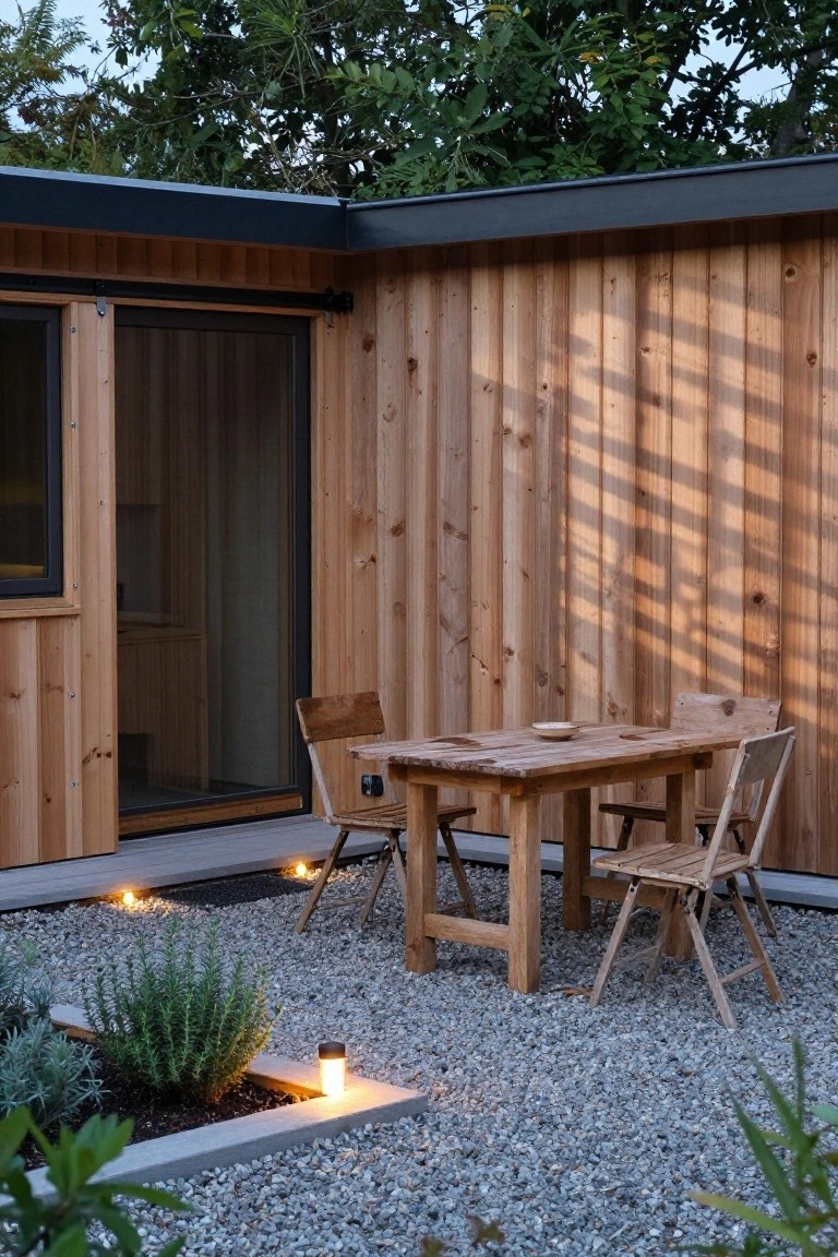 Corner exterior of a wooden prefab cabin with open sliding doors, wooden table and four chairs on a gravel patio, low ground lights, and small plants nearby.