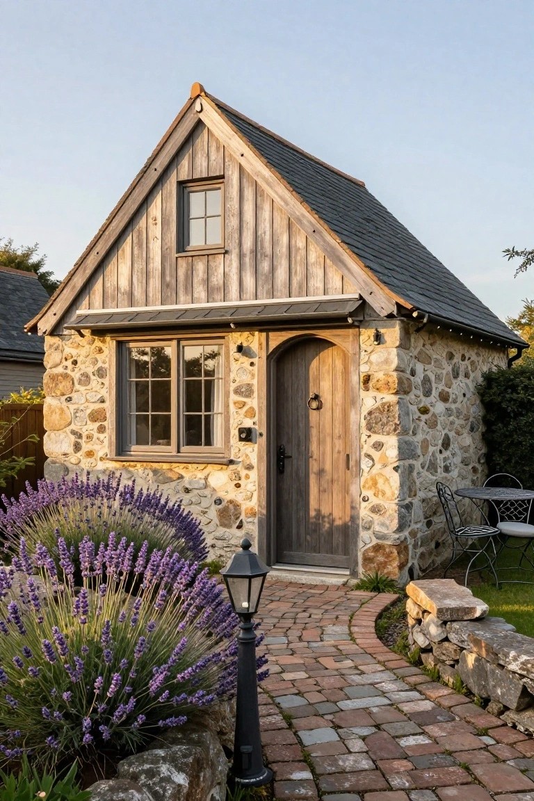 Small gabled cabin exterior featuring fieldstone base walls, vertical weathered wood cladding, arched wooden entry door with knocker, slate roof, metal awning, brick pathway, lavender plants, lantern light, and stone retaining wall.